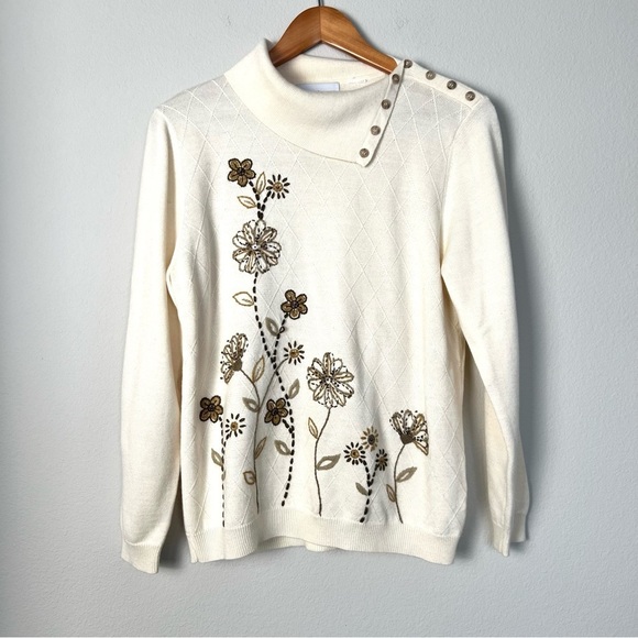 Vintage Coastal Grandma Cottagecore Embroidered Knit Sweater‎ Foldover Collar - Picture 1 of 7
